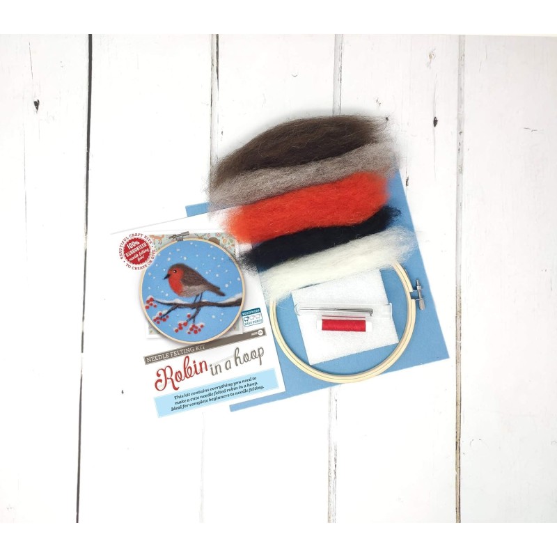 Kit creativo ricamo con lana cardata - pettirosso