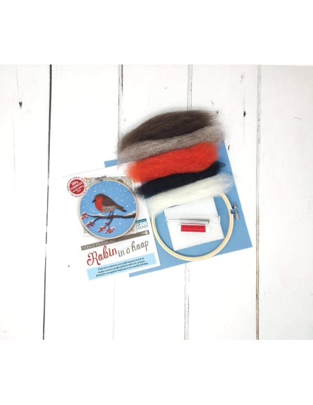 Kit creativo ricamo con lana cardata - pettirosso